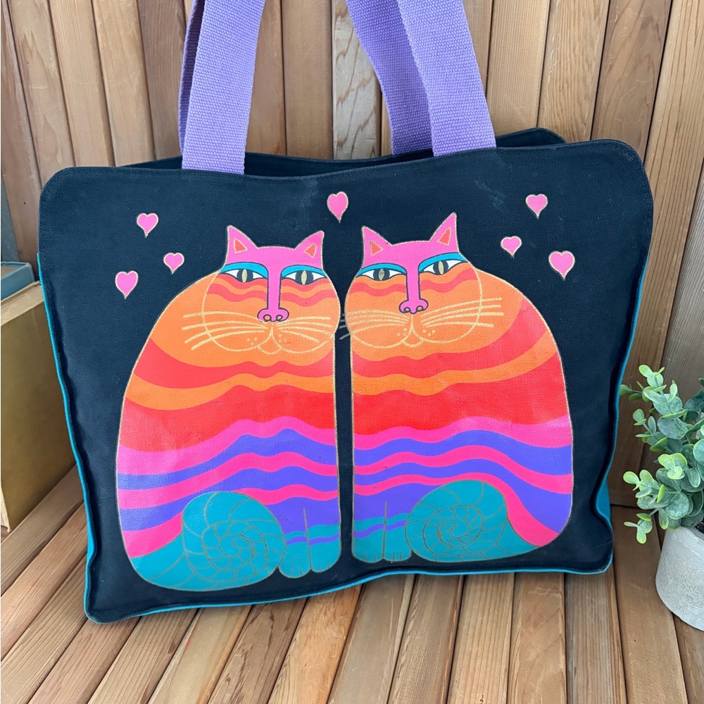 Laurel Burch Colorful Cat Canvas Tote Bag Large Folk Art Cats Like New - Picture 1 of 11